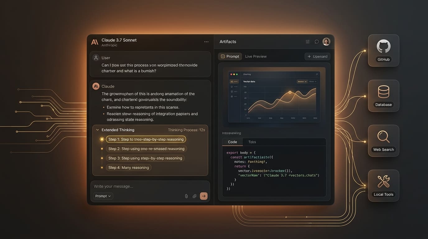 Visual antarmuka kerja Claude 5.5 (Sonnet & Opus 5.5) yang menampilkan panel Artifacts interaktif untuk preview kode/SVG/HTML live dan integrasi alat eksternal Model Context Protocol (MCP).