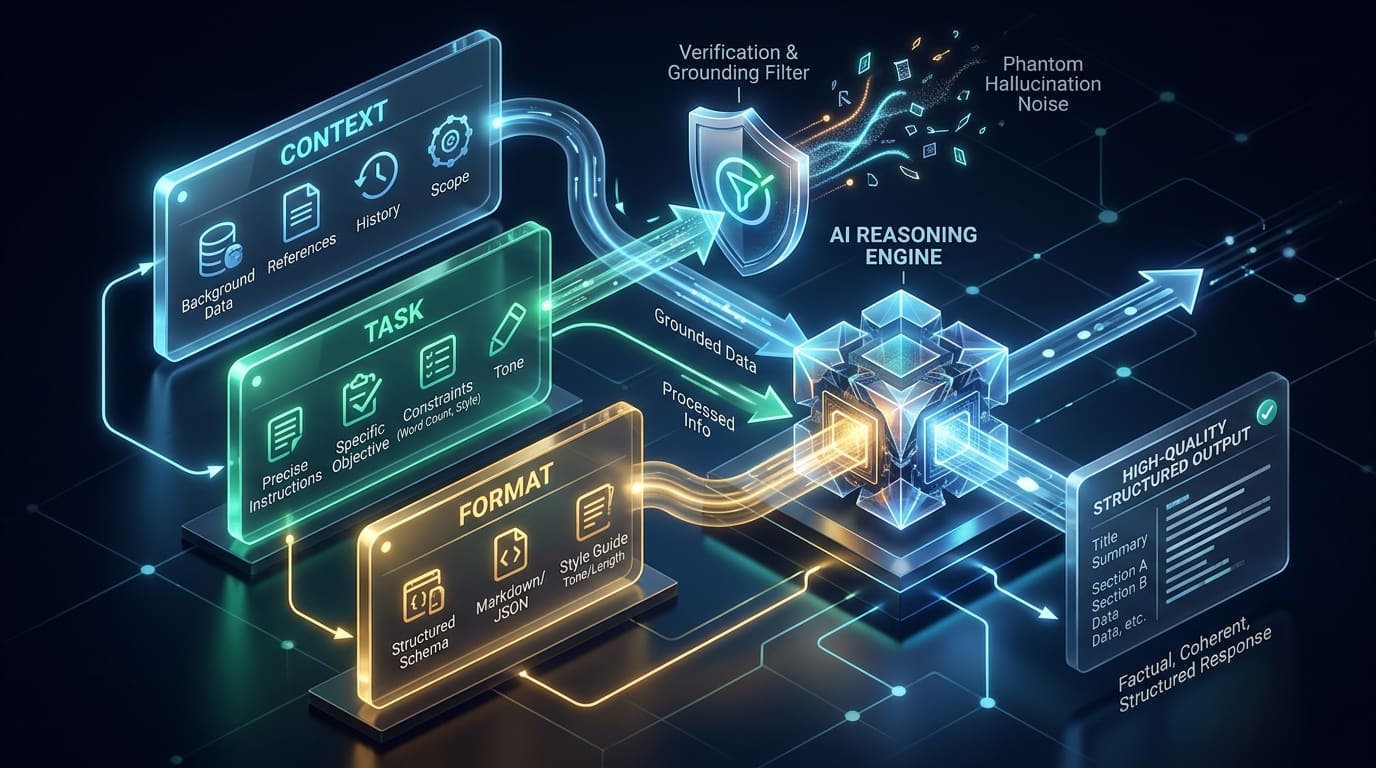 Diagram alur teknik prompt engineering C-T-F (Context, Task, Format) dengan filter verifikasi data untuk memitigasi halusinasi dan menjamin akurasi respon asisten AI.